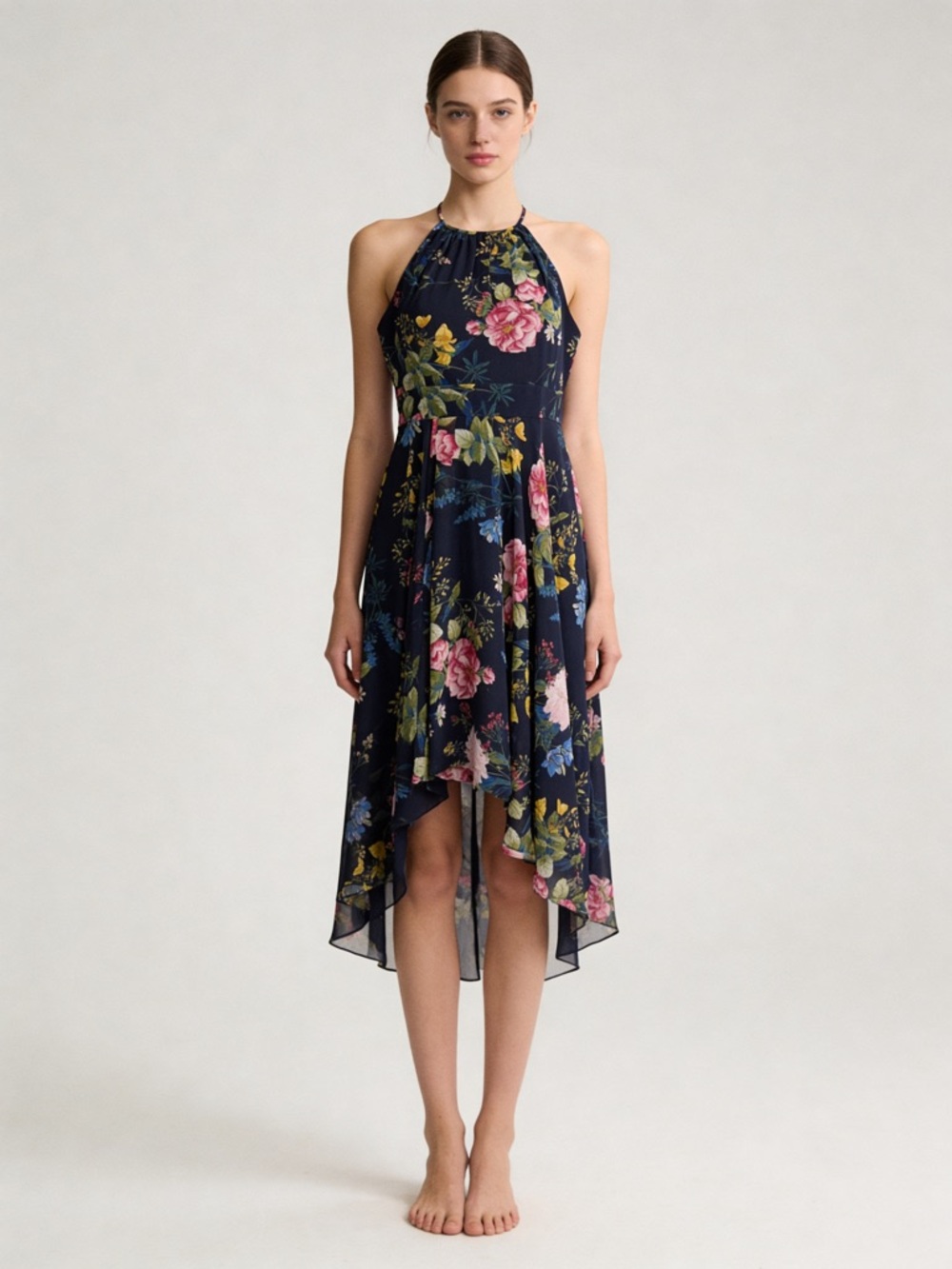 Eliza J Navy Floral Halter Hi-Low Dress Petite 2P Wedding Guest